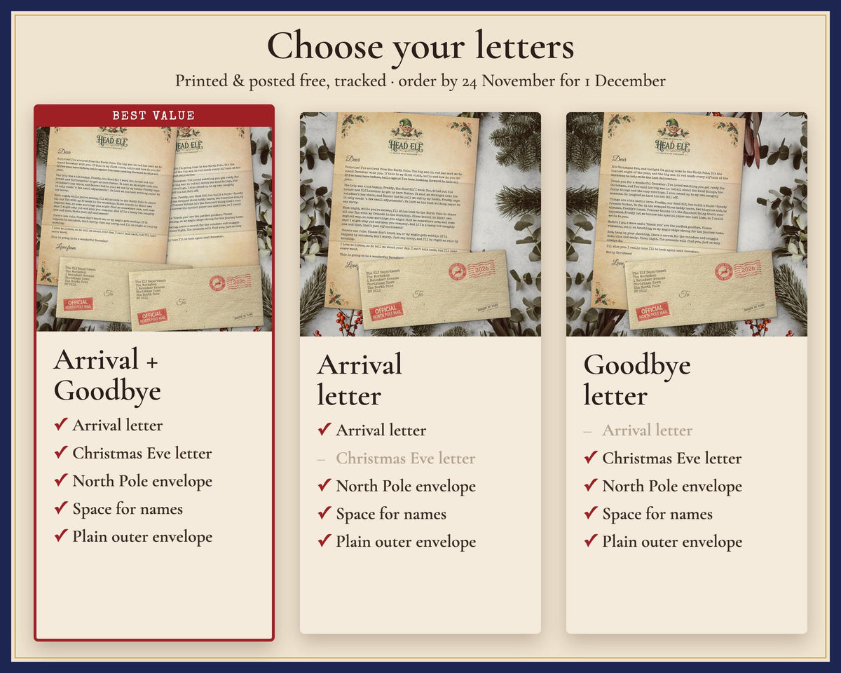 Choice of arrival and goodbye set, arrival letter alone or goodbye letter alone.