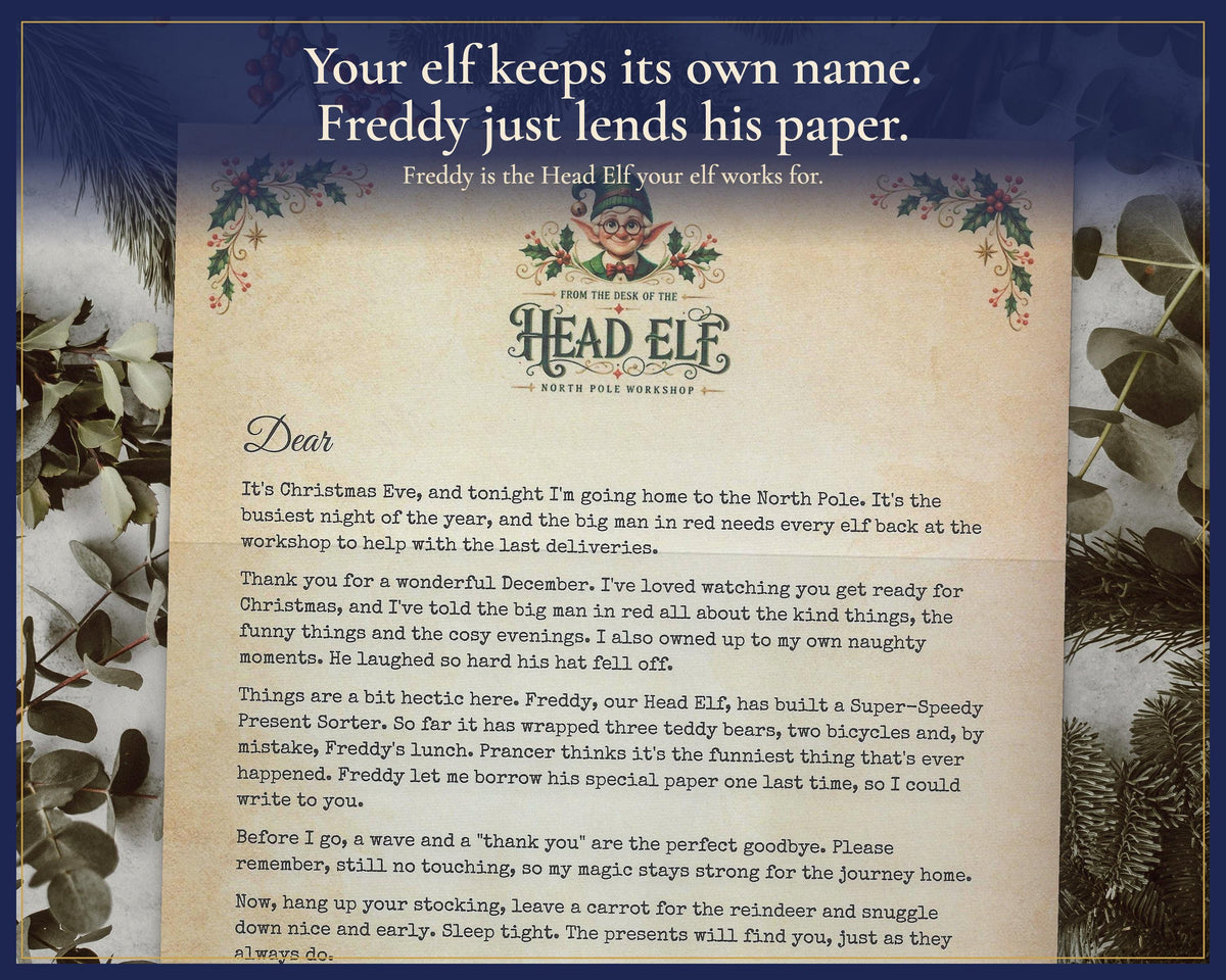 Close-up of the elf goodbye letter on Freddy’s Head Elf letterhead.