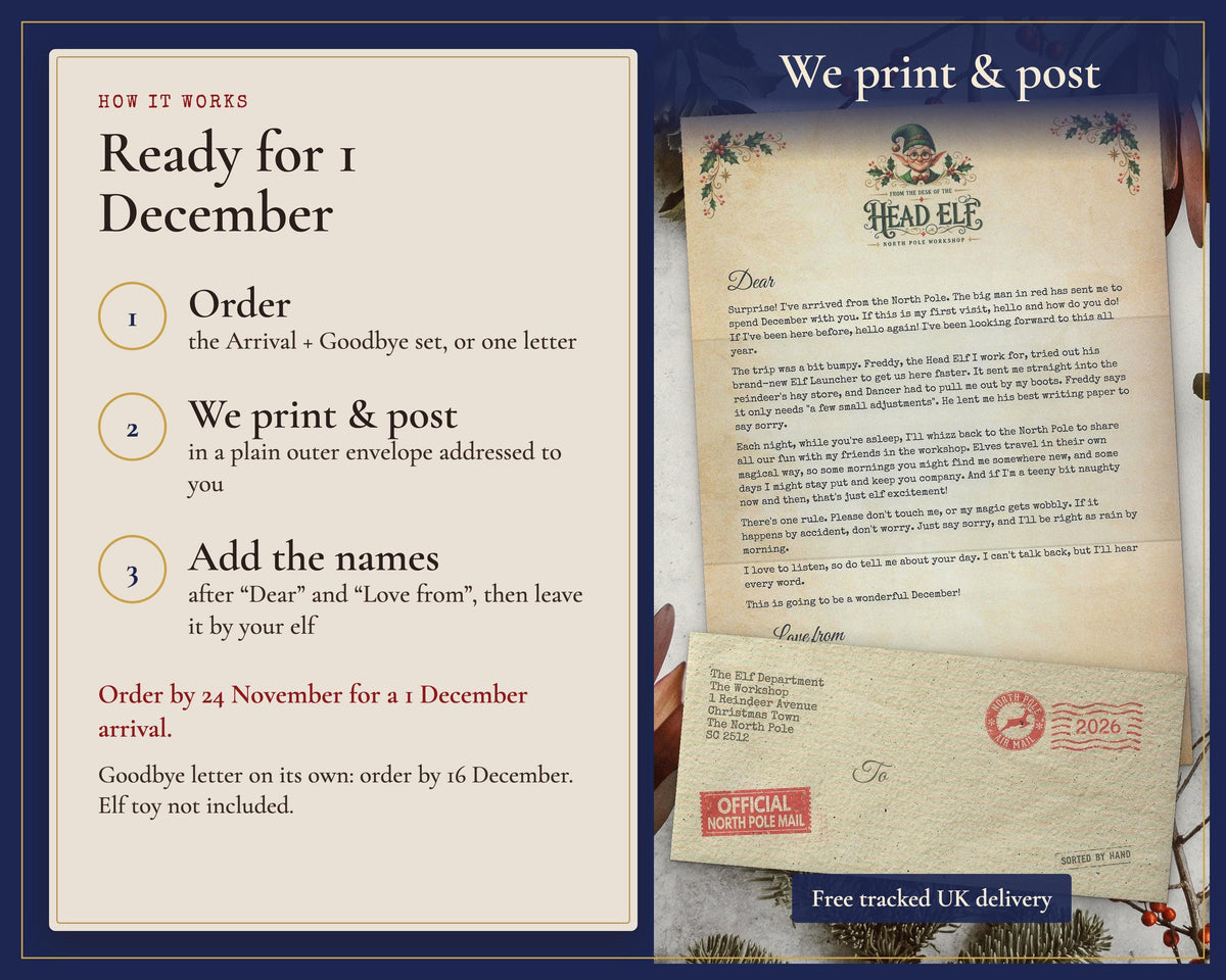 Ready-written elf letter steps: order, receive by post and add the names.