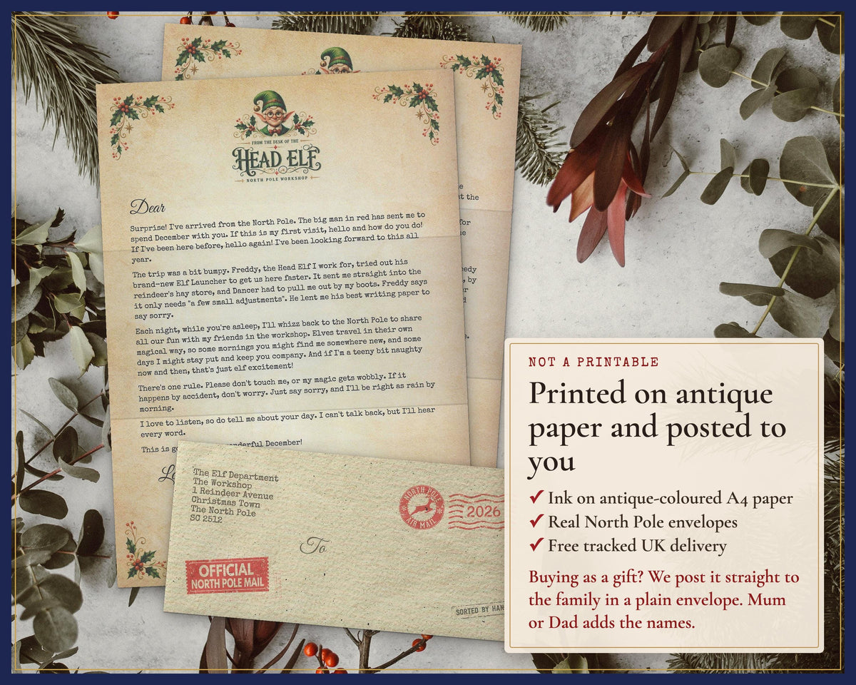 Printed elf letters and postmarked envelopes with information about gifting the set.