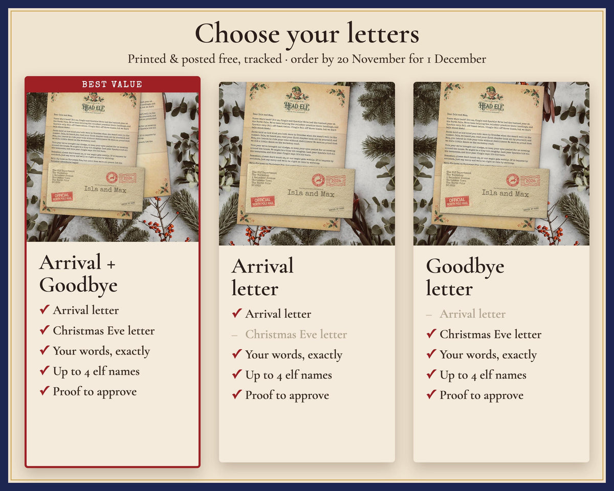 Choice of custom arrival and goodbye letters, or either letter separately.
