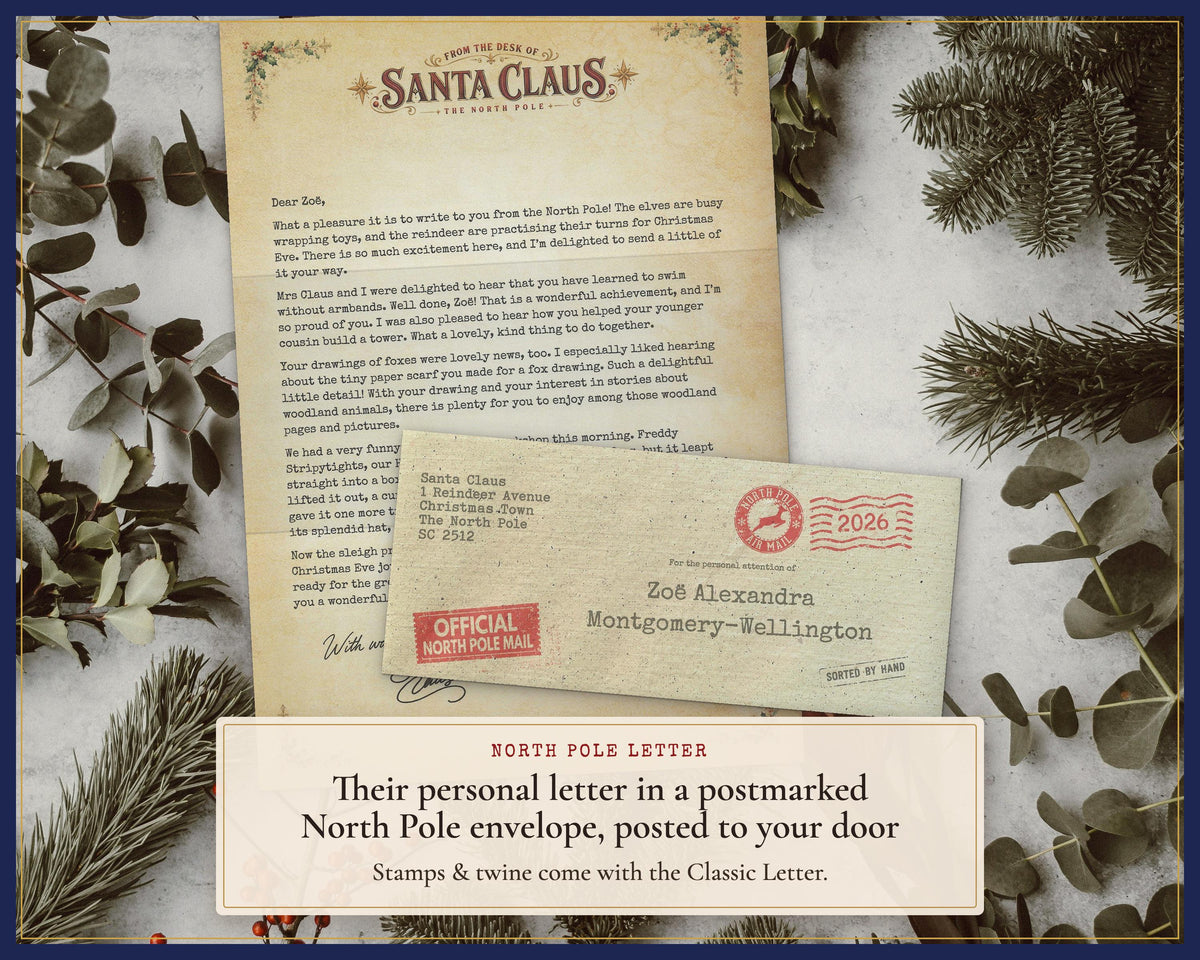 North Pole Letter and named postmarked envelope, with no stamp or twine.