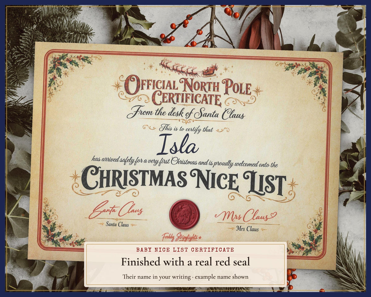 Baby’s Nice List certificate with a red seal and example handwritten name.