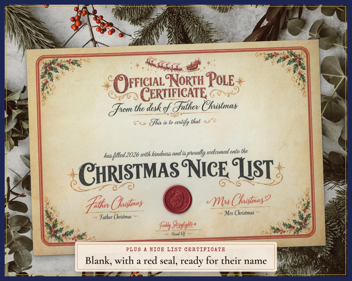 Blank Father Christmas Nice List certificate with red seal.