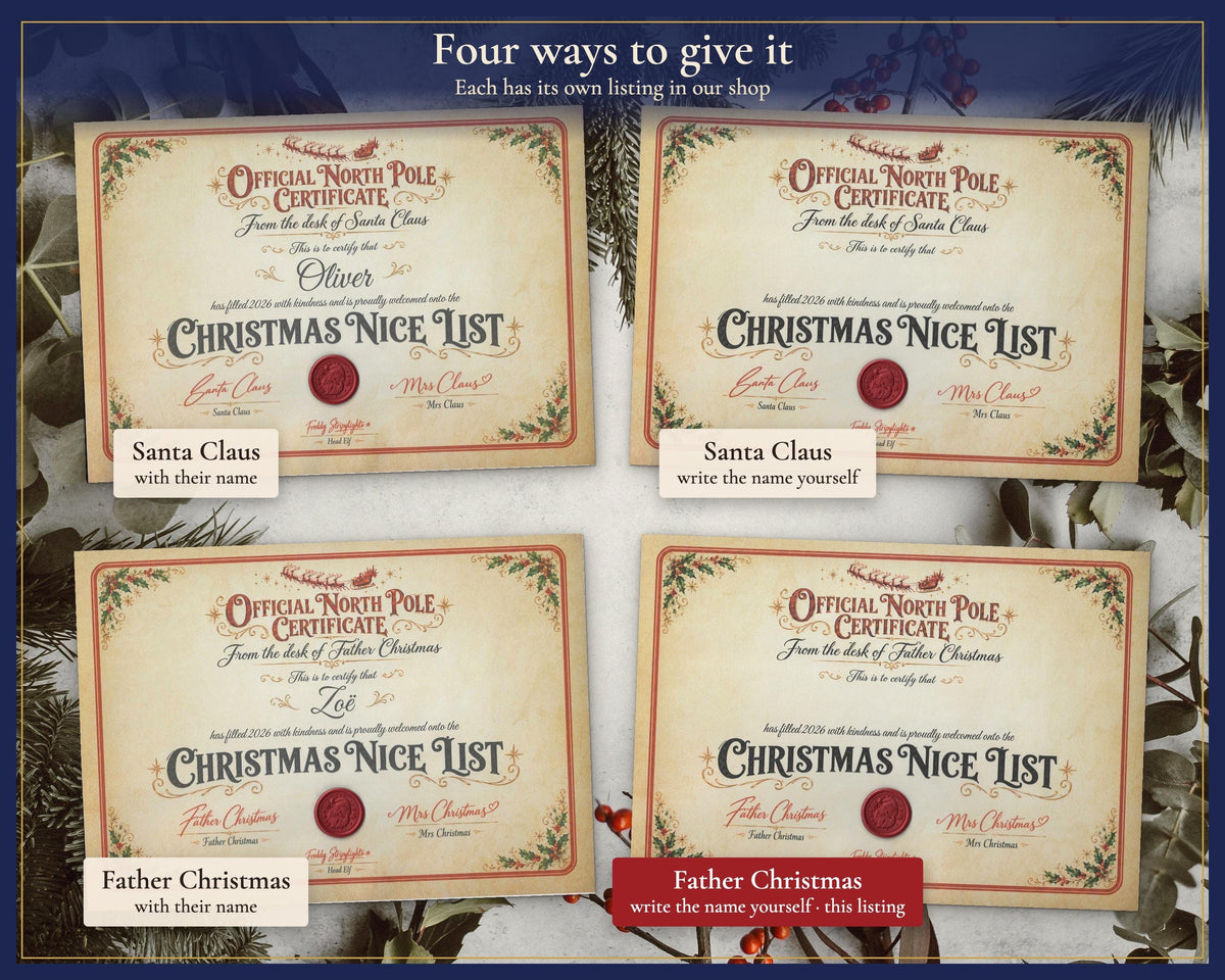 Comparison of Santa and Father Christmas certificates with printed or blank names.
