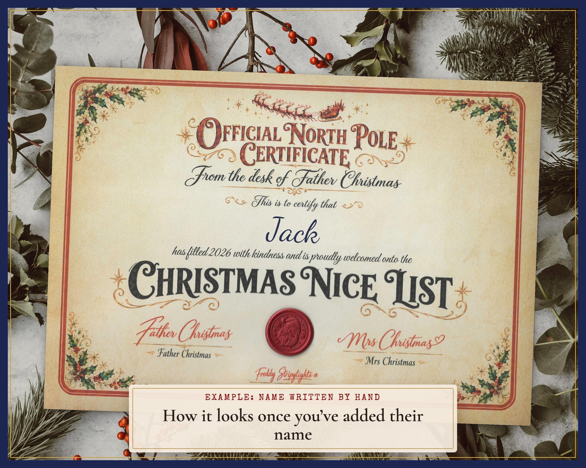Example Father Christmas certificate with a name added by hand.