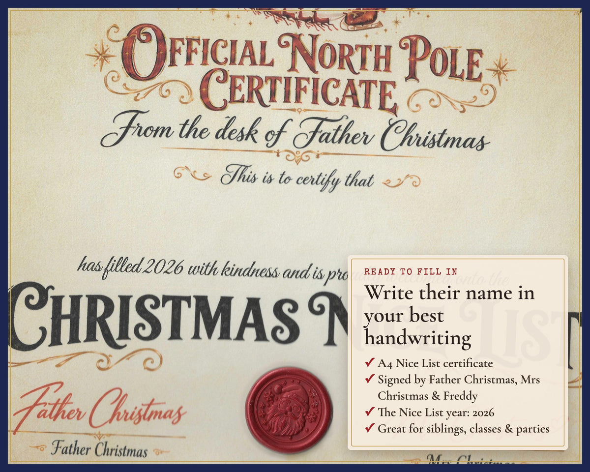Close-up of the blank name space on a Father Christmas Nice List certificate.