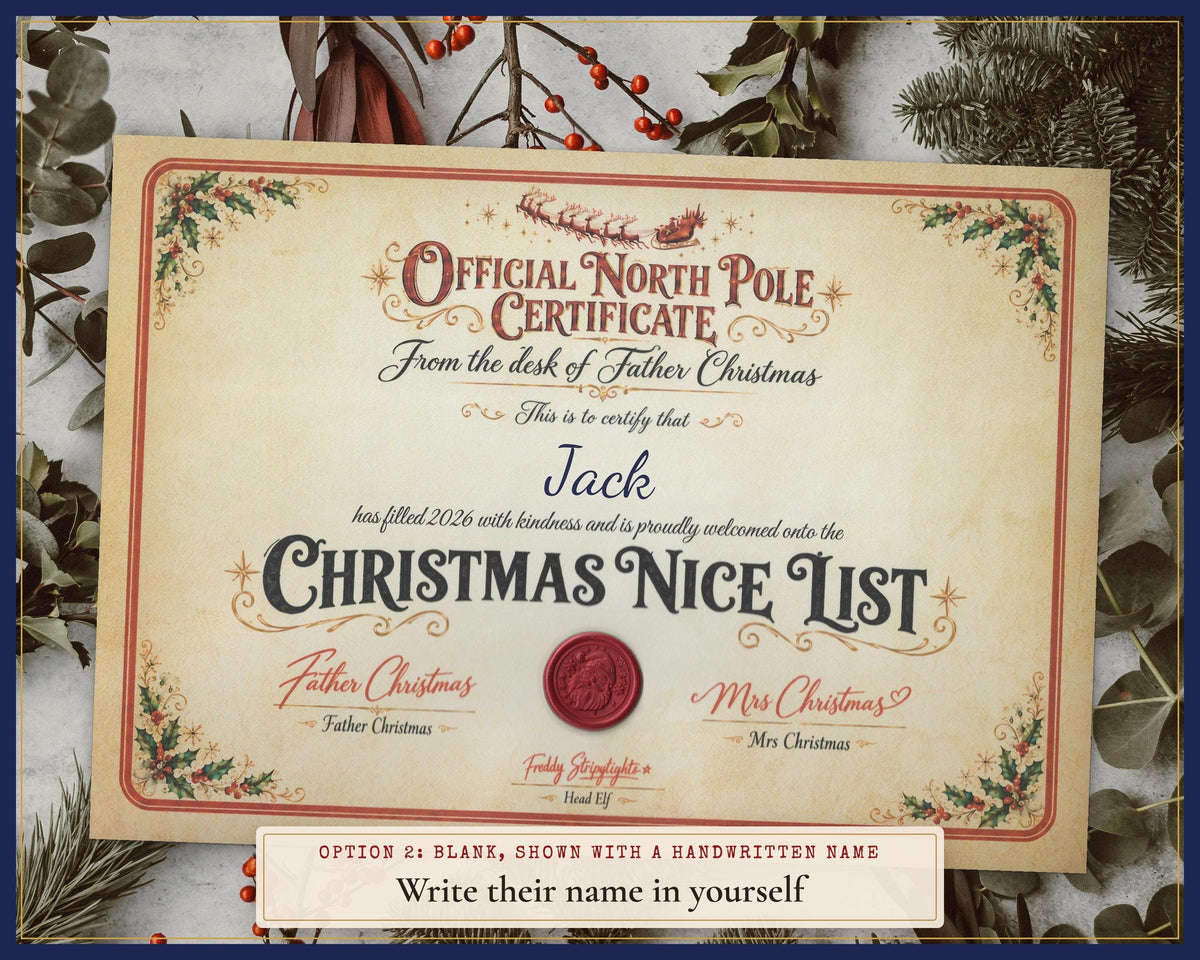 Example blank Father Christmas certificate with a name added by hand.