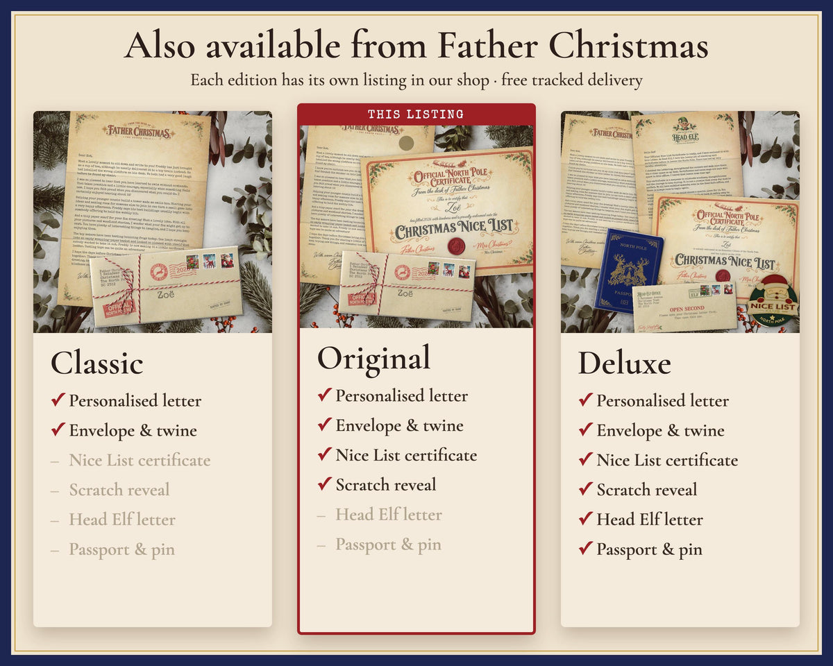 Comparison of Classic, Original and Deluxe Father Christmas letter editions.