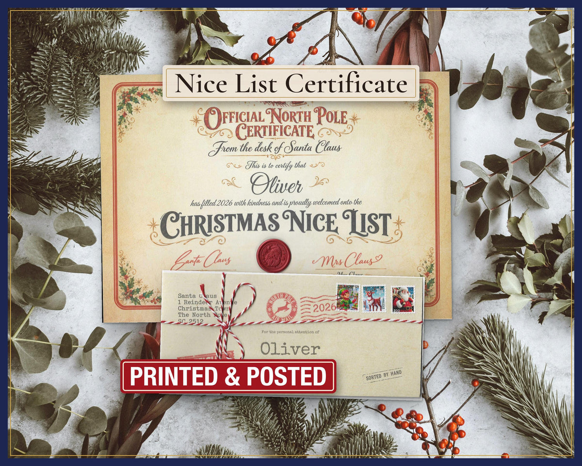 Personalised Santa Nice List certificate and named North Pole envelope.