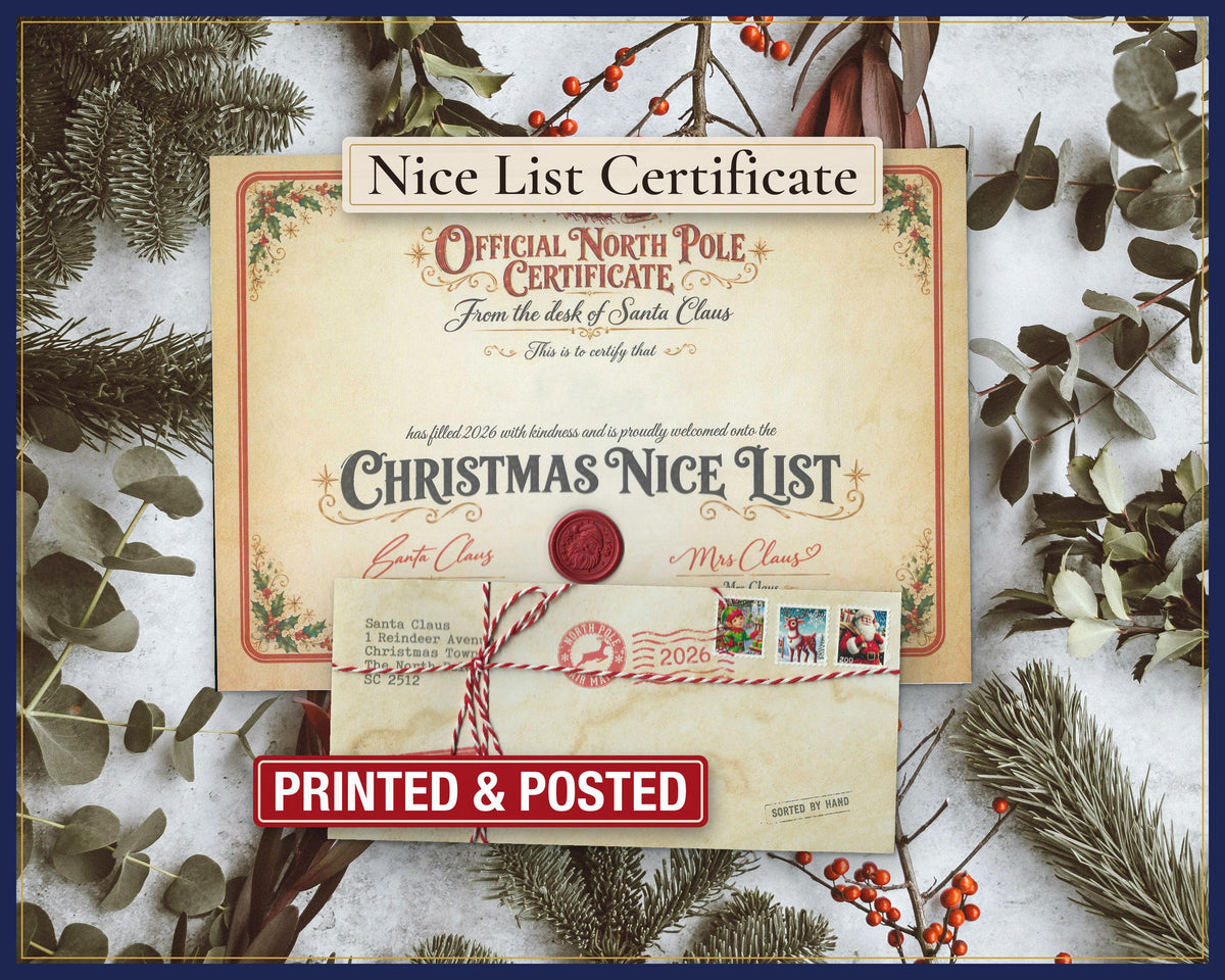 Blank Santa Nice List certificate with red seal and North Pole envelope; example shown.