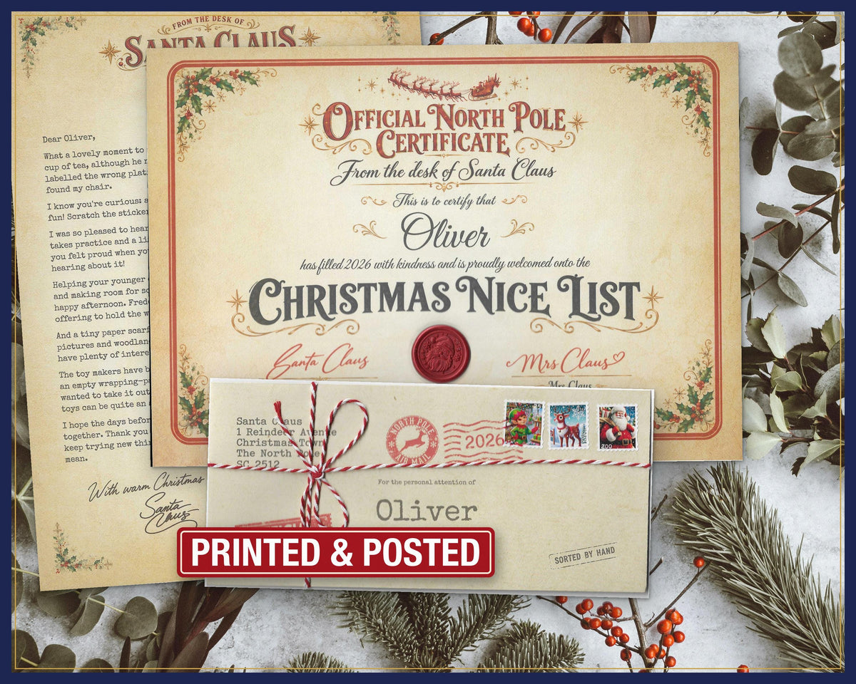 Original Santa letter set with Nice List certificate and named envelope.