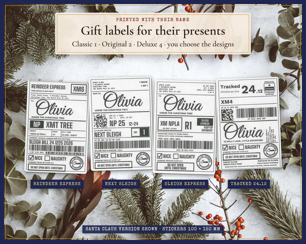 Four personalised North Pole gift label designs with an example child’s name.