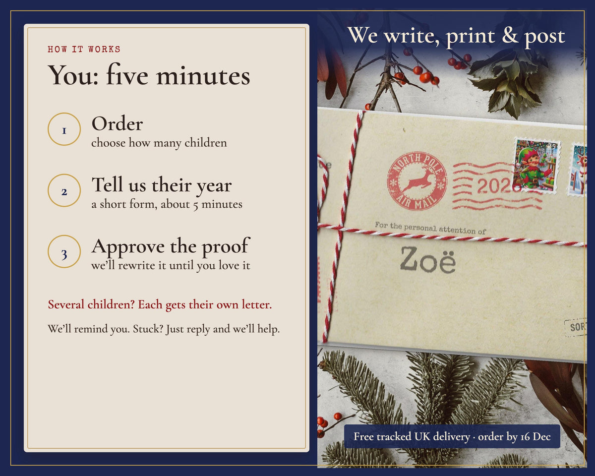 Ordering steps: choose the letter, tell us about the child and approve the proof before printing and posting.