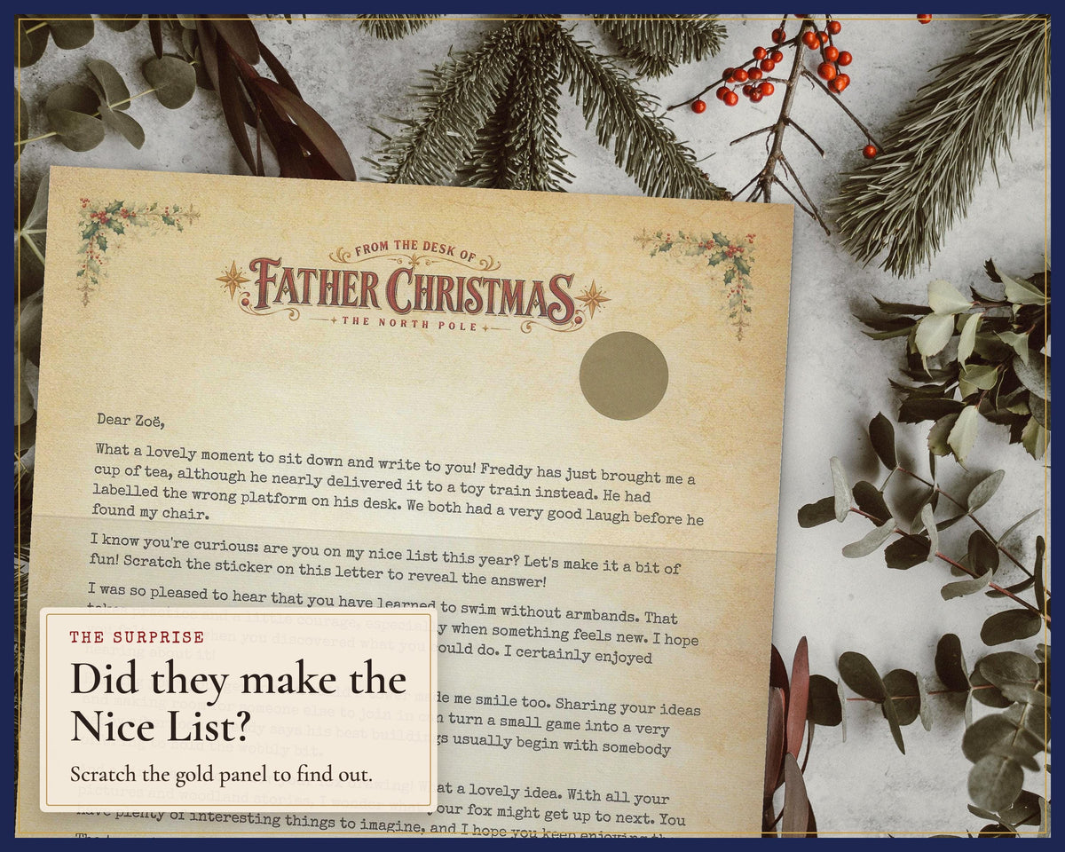 Scratch-to-reveal Nice List surprise on a Father Christmas letter.