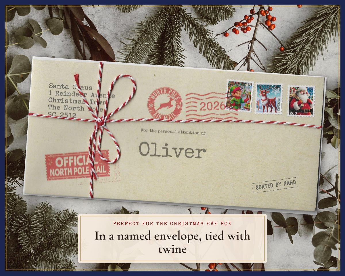 Example named Santa envelope tied with red-and-white twine.