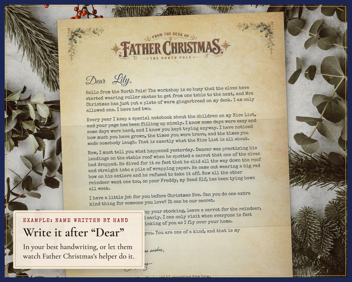 Example Father Christmas letter with a child’s name added by hand.