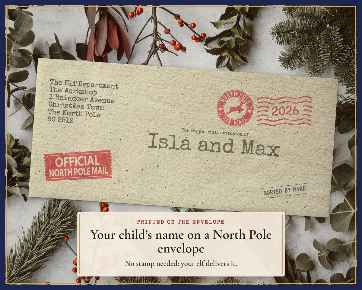 Postmarked elf envelope with example children’s names and no stamp.