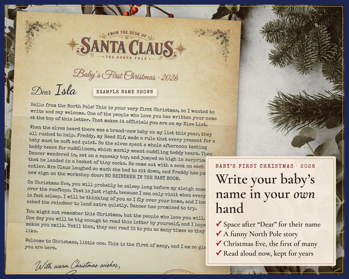 Baby’s First Christmas letter with a name added by hand as an example.