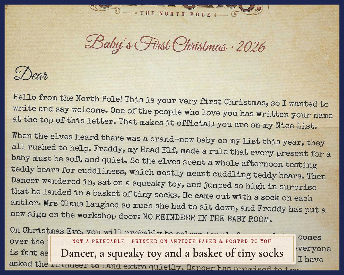 Close-up of the baby letter’s Dancer story and blank space after Dear.