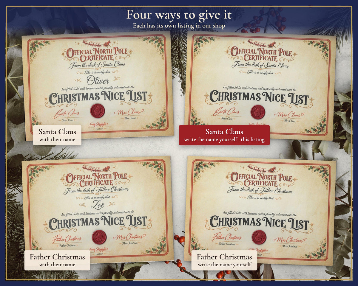 Comparison of Santa and Father Christmas certificates with printed or blank names.