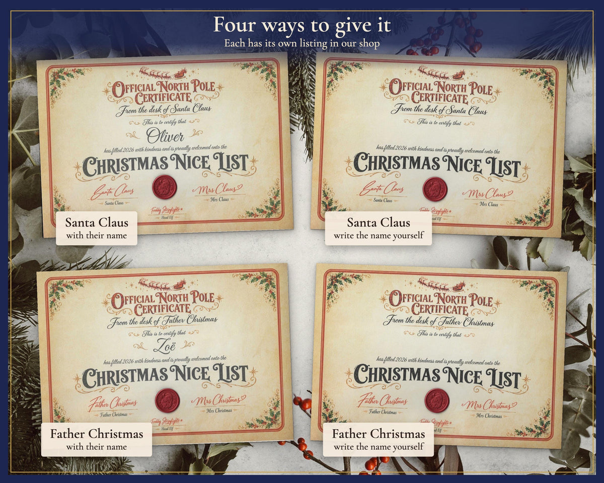 Four certificate choices: Santa or Father Christmas, with a printed name or blank name space.