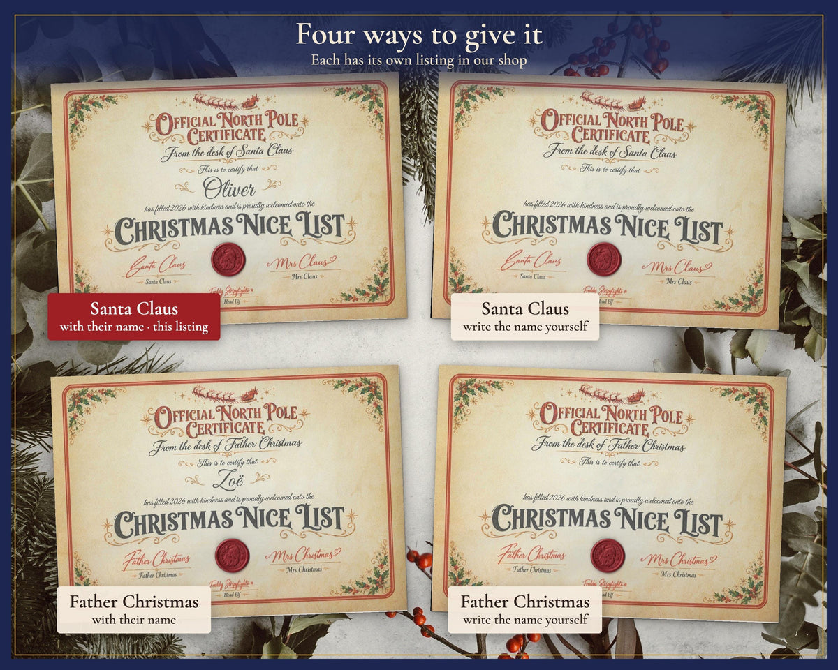 Comparison of Santa and Father Christmas certificates with printed or blank names.
