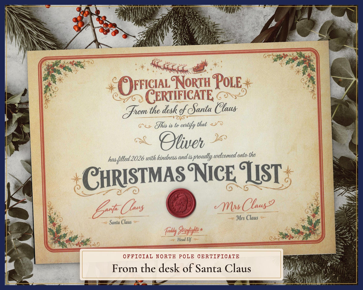 Full Santa Nice List certificate with holly border and example name.