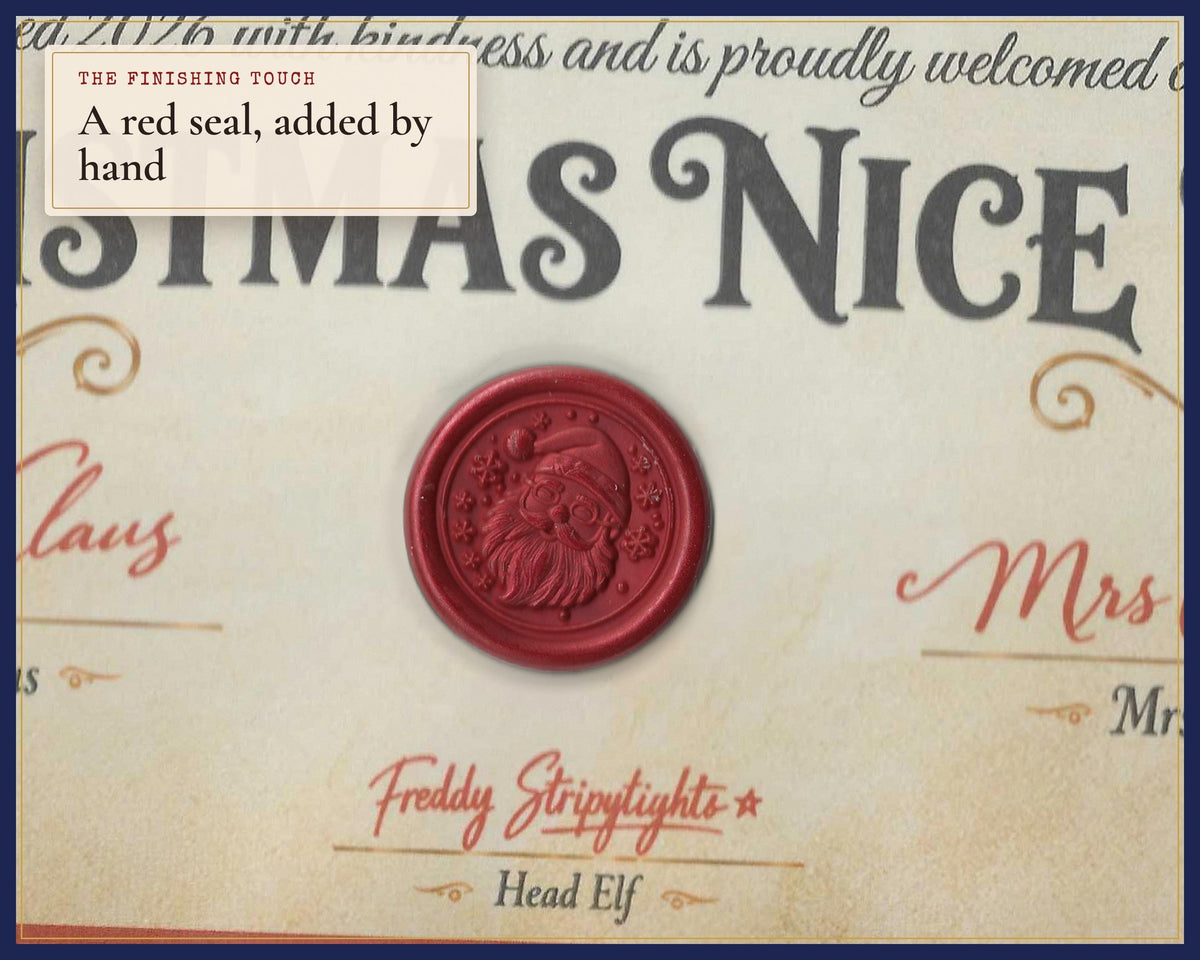 Close-up of the red seal on a Nice List certificate.
