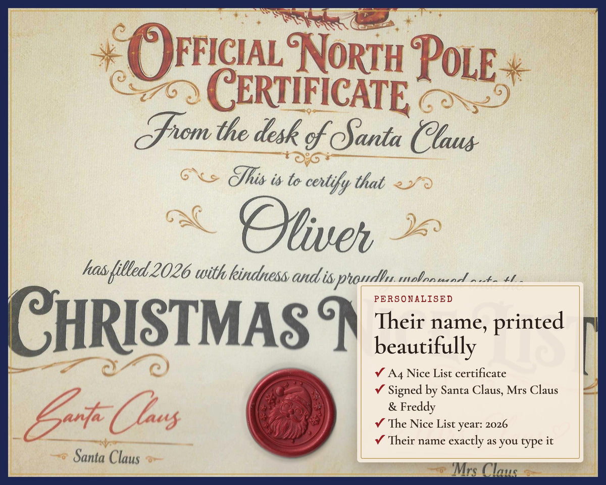 Close-up of a Santa certificate with a printed example name.