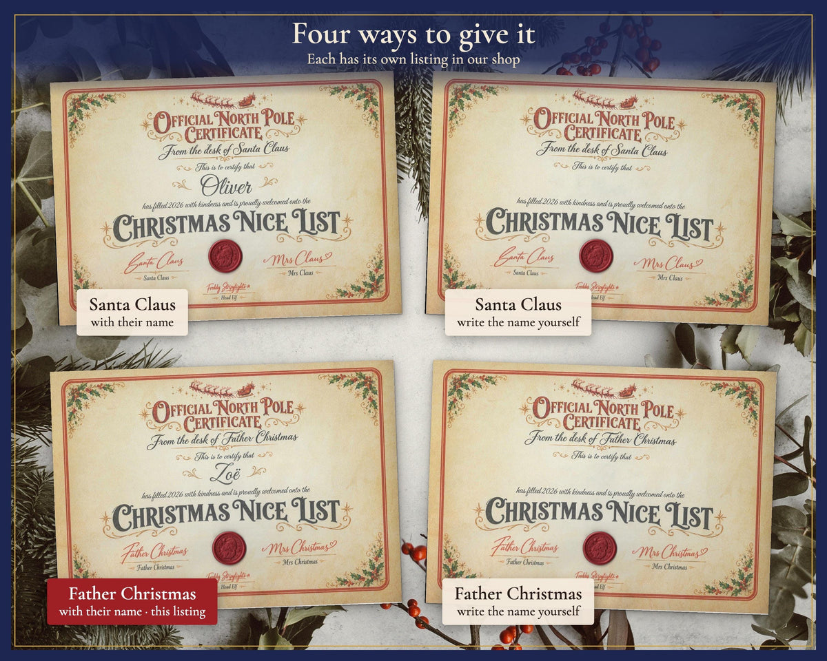 Comparison of Santa and Father Christmas certificates with printed or blank names.