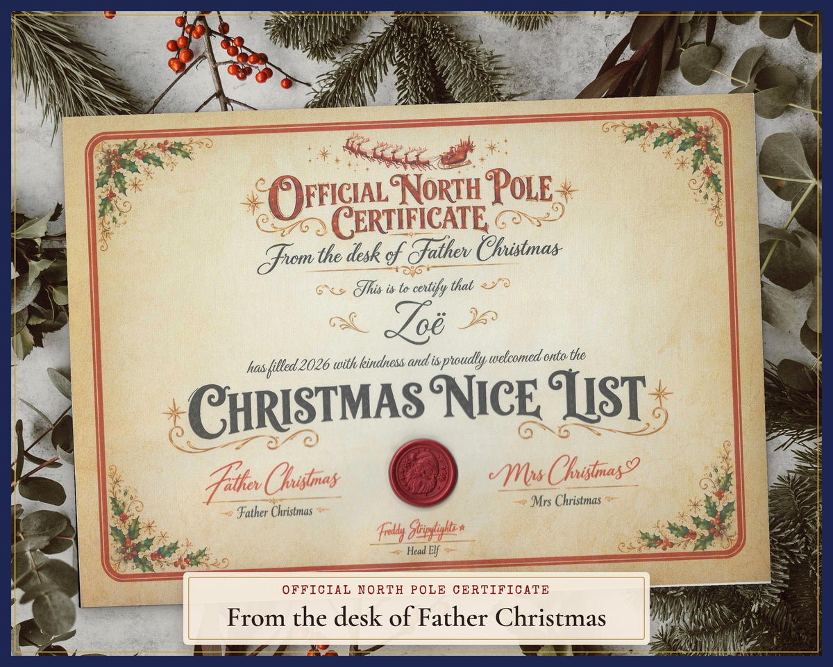 Full Father Christmas Nice List certificate with holly border and example name.