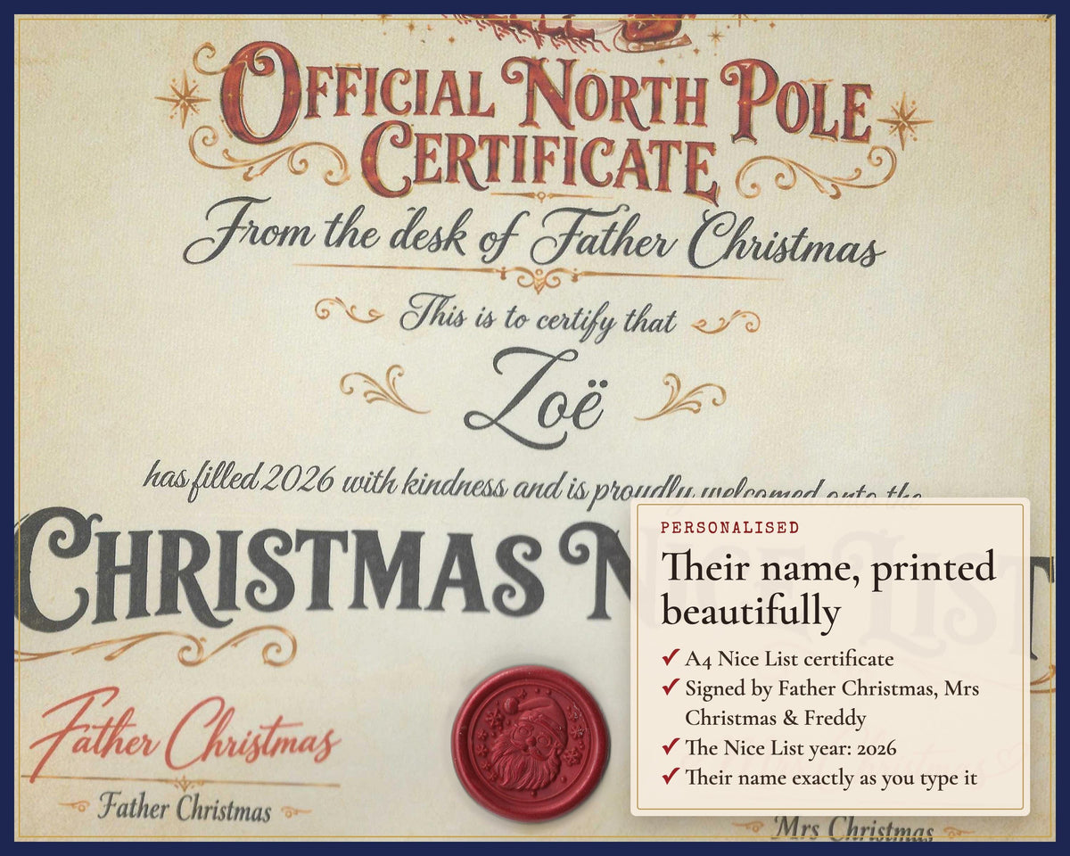 Close-up of a Father Christmas certificate with a printed example name.