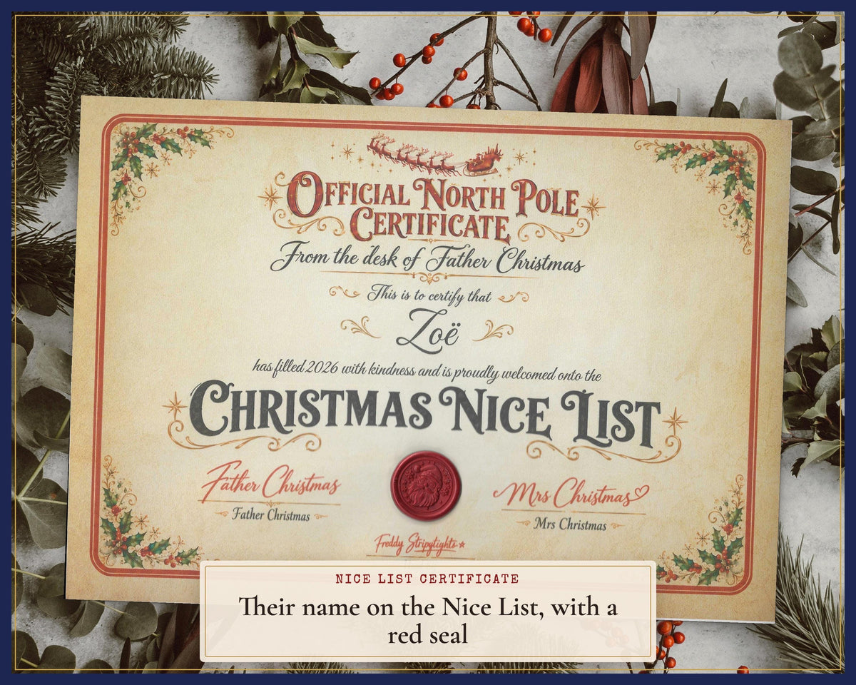 Personalised Father Christmas Nice List certificate with a red seal.