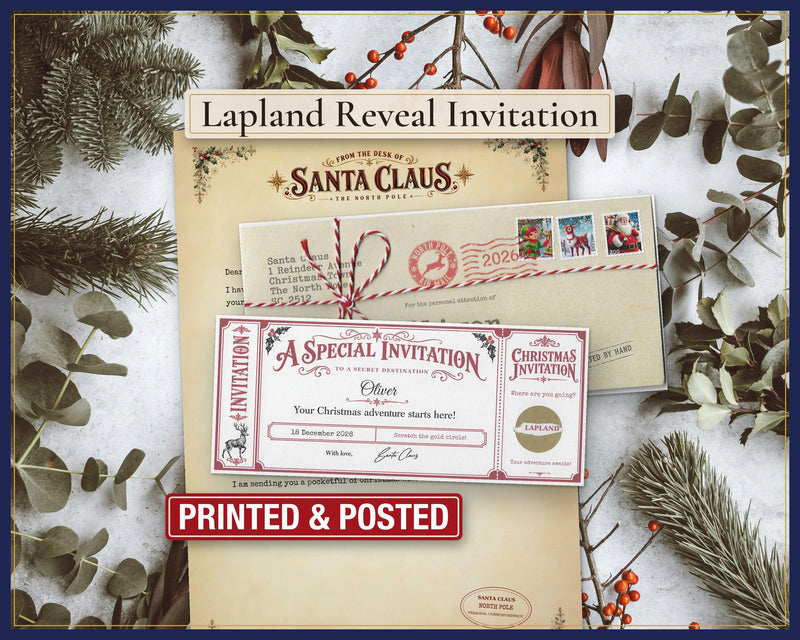 Lapland reveal invitation set with letter, scratch ticket and named envelope.
