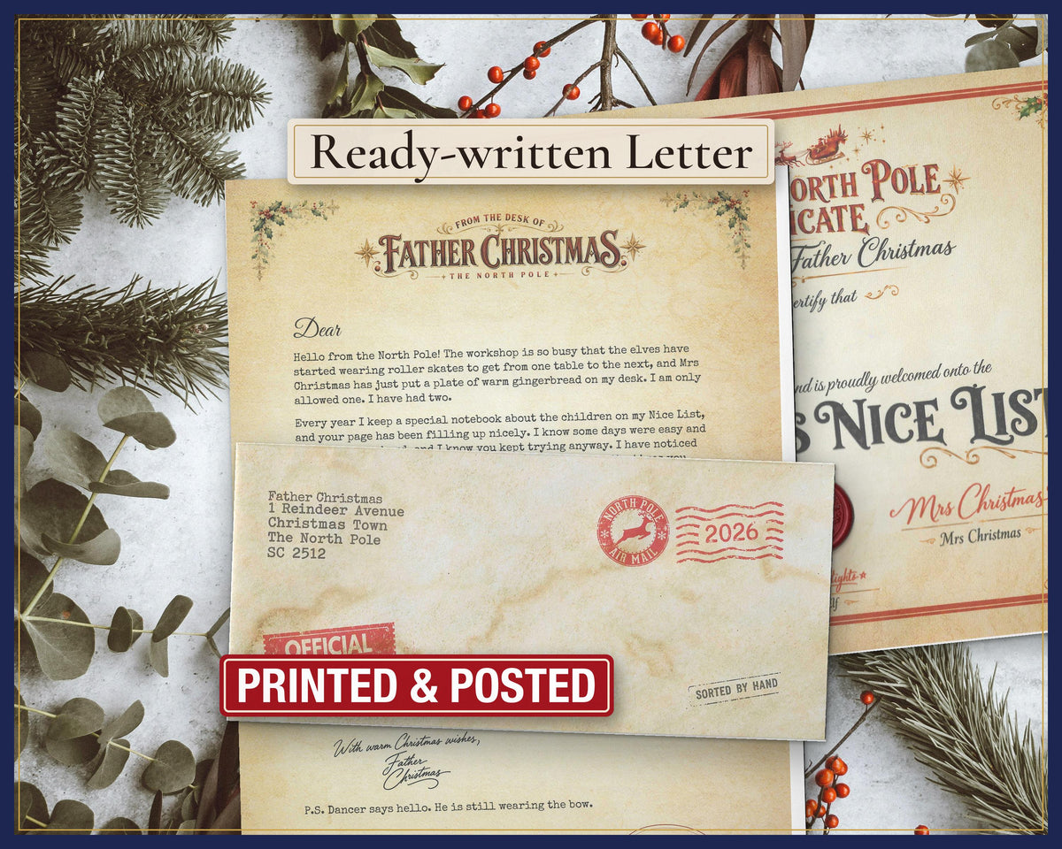Ready-written Father Christmas letter set with blank Nice List certificate and postmarked envelope.