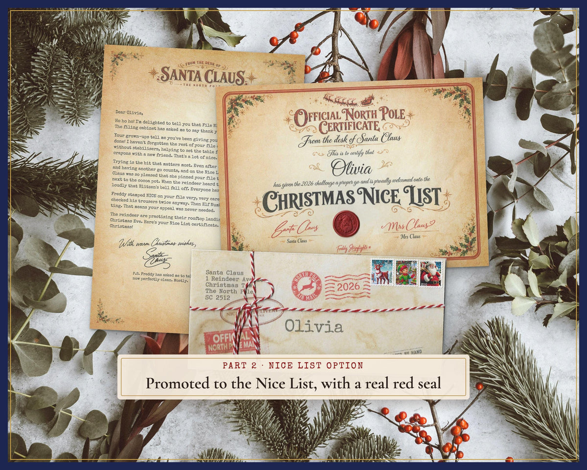 Optional Nice List letter, named certificate with red seal and envelope.