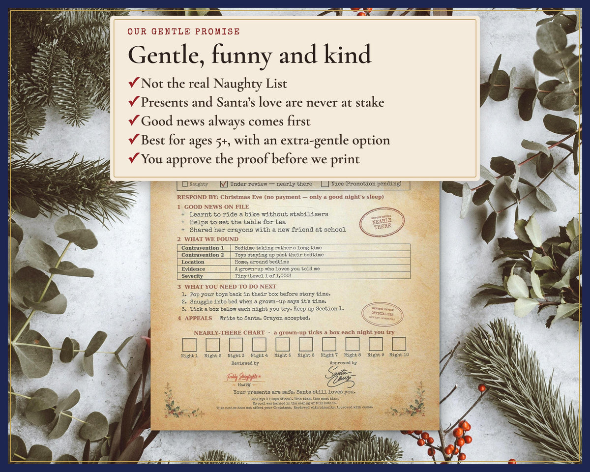 Gentle, funny and kind notice with reassurance that presents and Santa’s love are never at stake.