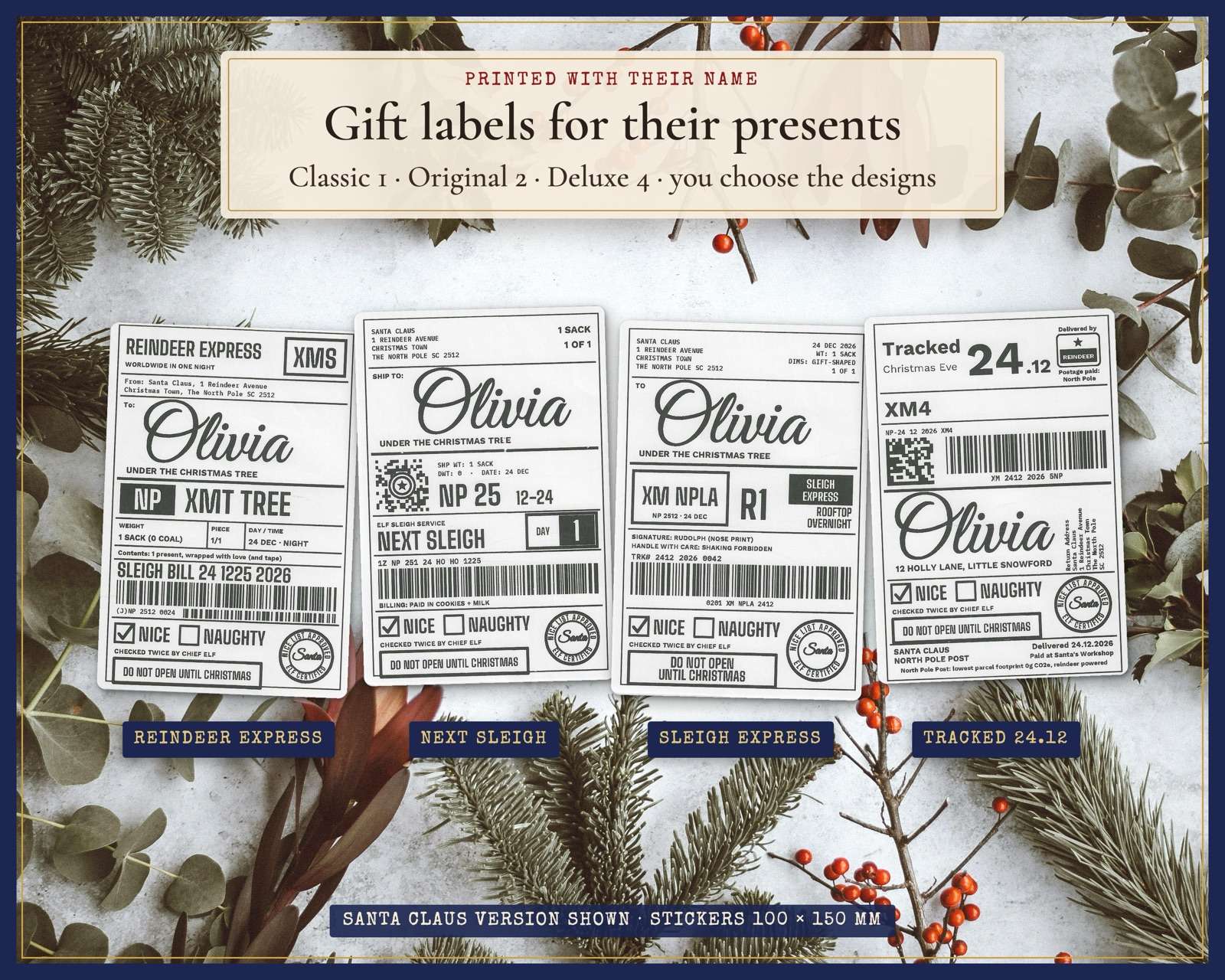 Personalised gift labels printed with a child's name, in four parcel-style designs