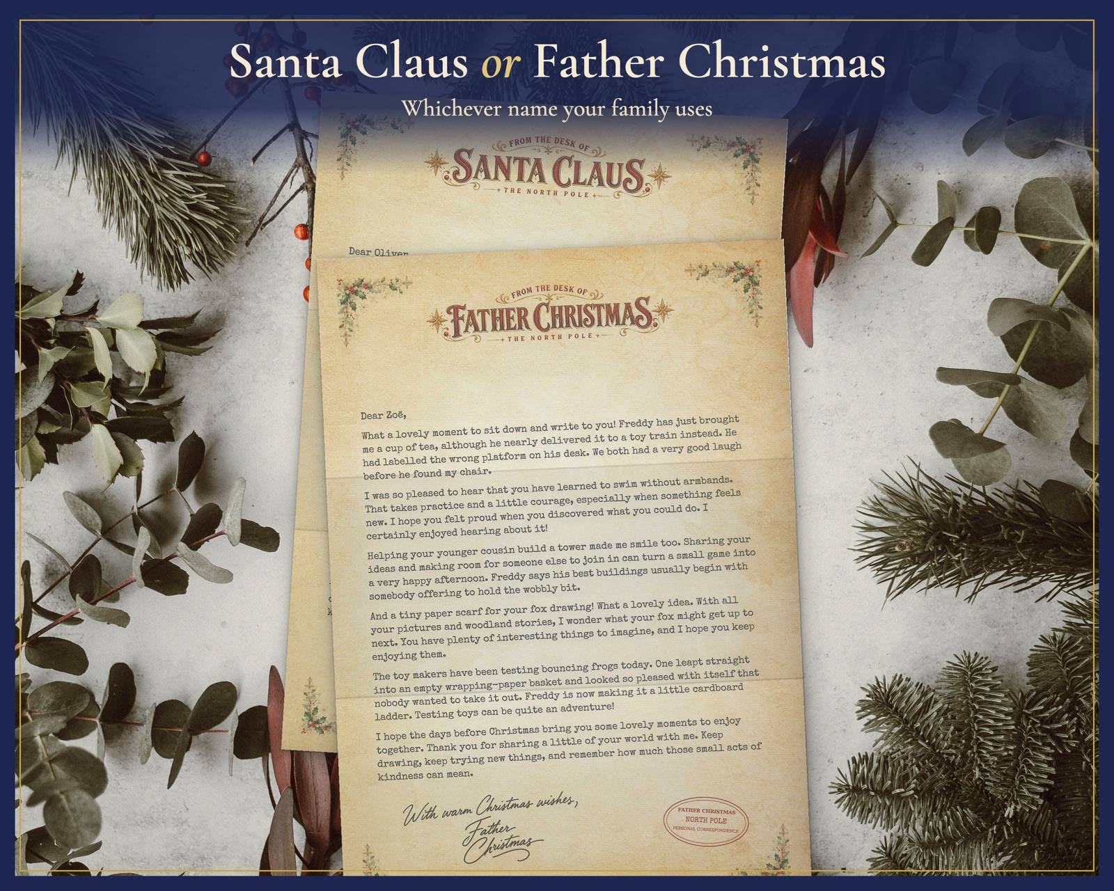 The Santa Claus and Father Christmas letters side by side